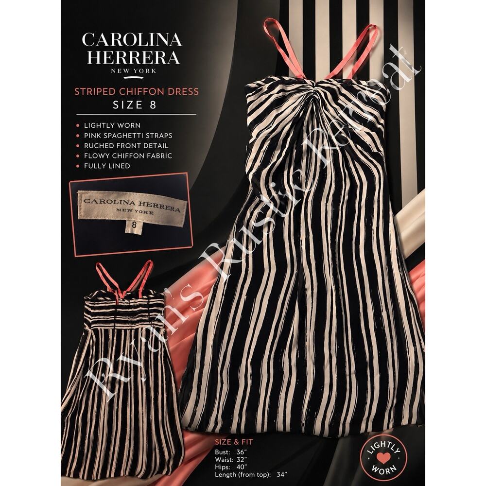 Carolina Herrera Striped Chiffon Dress Pink Straps Ruched Size 8 Lined DK - Picture 5 of 5